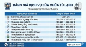 Bảng giá dịch vụ sửa tủ lạnh tại nhà Hà Nội của Điện Lạnh Bình Minh 2026