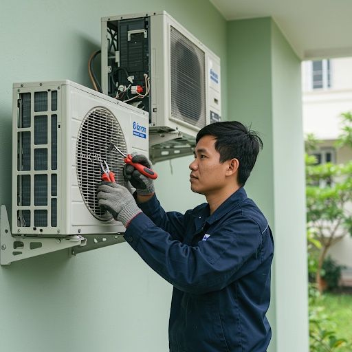 Kỹ thuật viên kiểm tra dàn nóng điều hòa